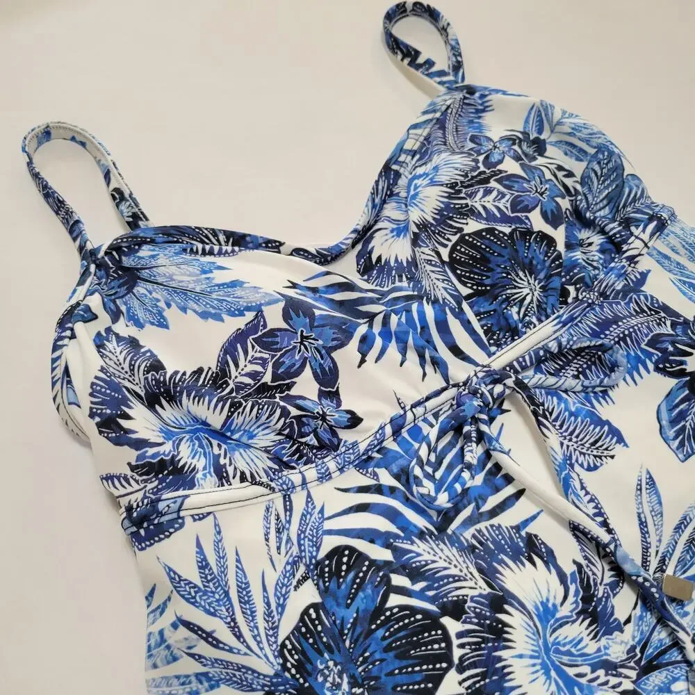 Swim Solutions Blue Blooms Printed Empire Waist Swimdress Modest NWT Size 8 - Picture 5 of 13